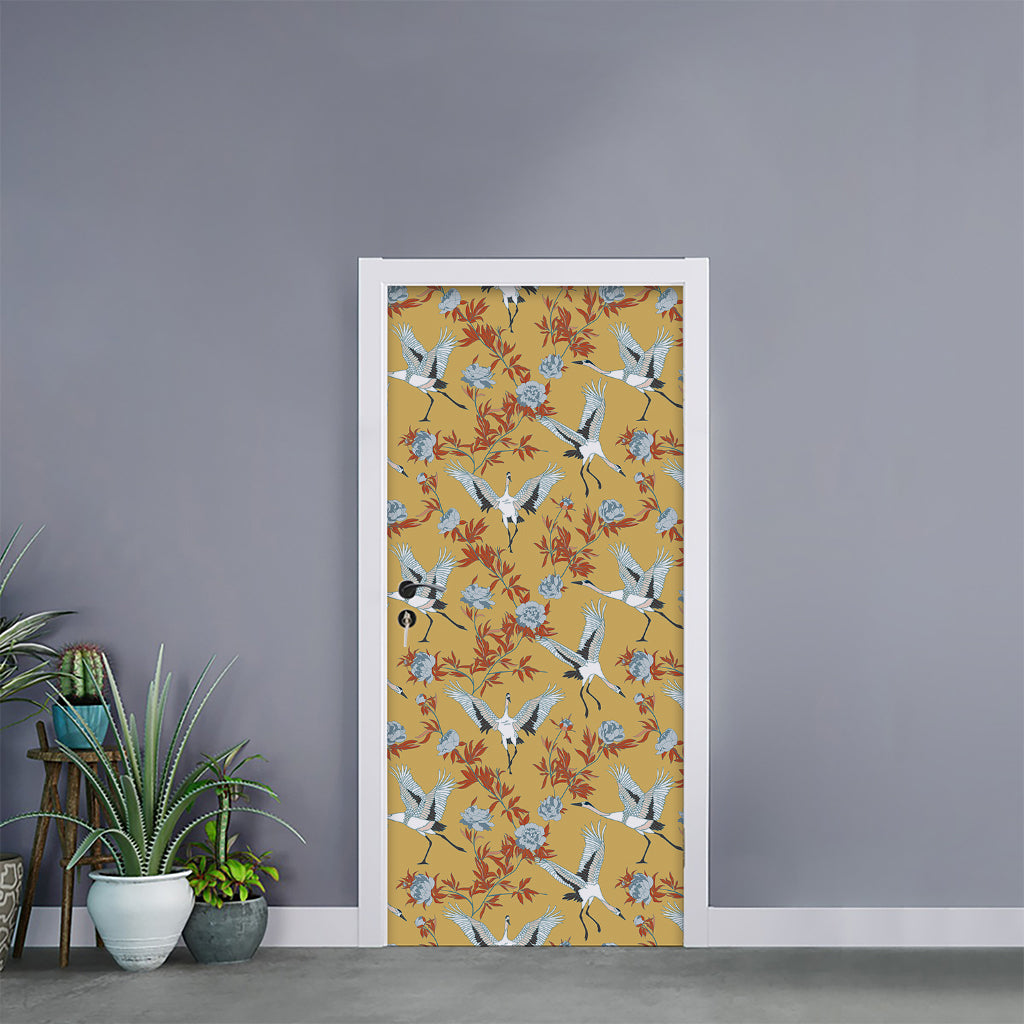 White Japanese Cranes Pattern Print Door Sticker