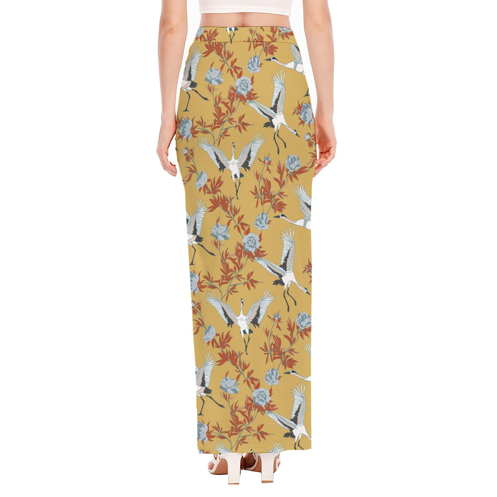 White Japanese Cranes Pattern Print High Slit Maxi Skirt