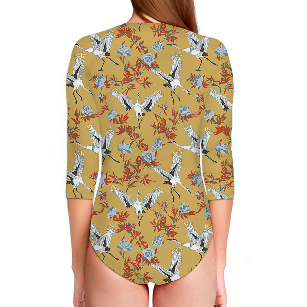 White Japanese Cranes Pattern Print Long Sleeve Swimsuit