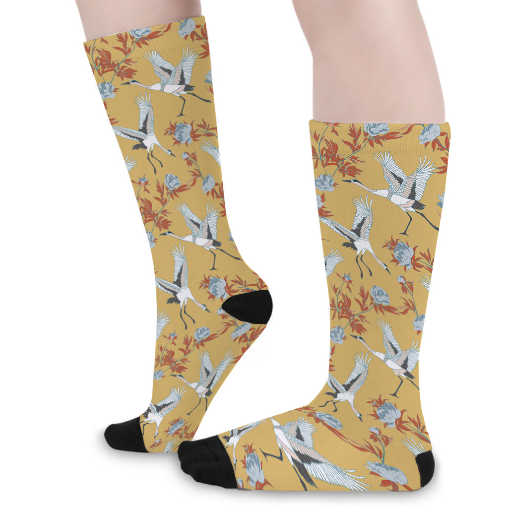 White Japanese Cranes Pattern Print Long Socks