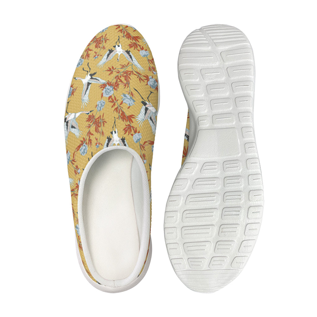 White Japanese Cranes Pattern Print Mesh Casual Shoes
