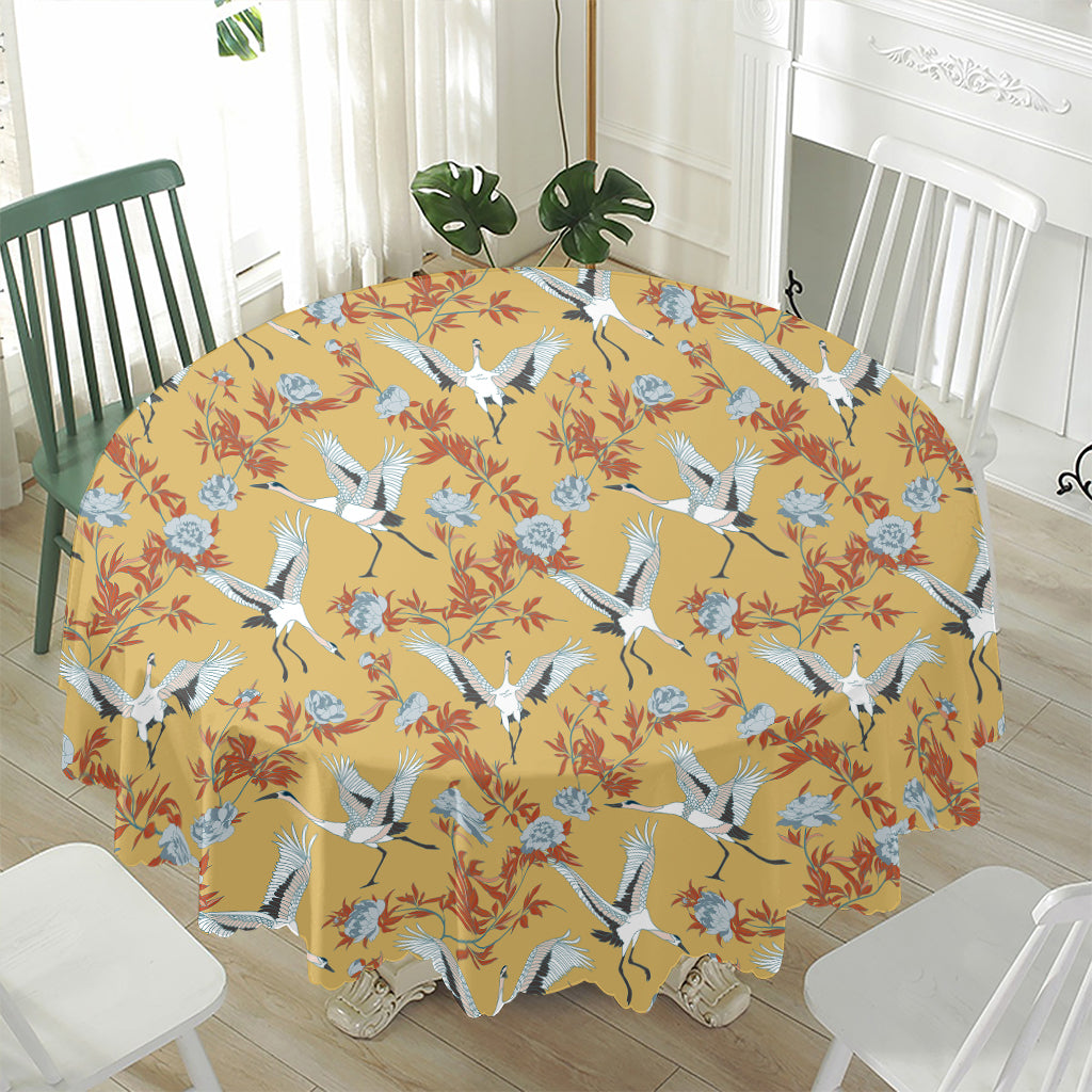 White Japanese Cranes Pattern Print Waterproof Round Tablecloth