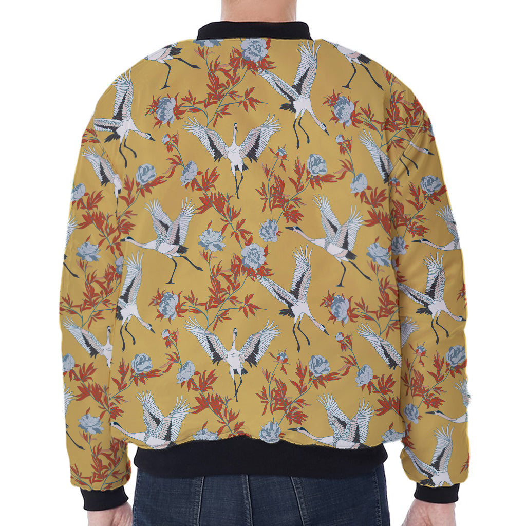White Japanese Cranes Pattern Print Zip Sleeve Bomber Jacket