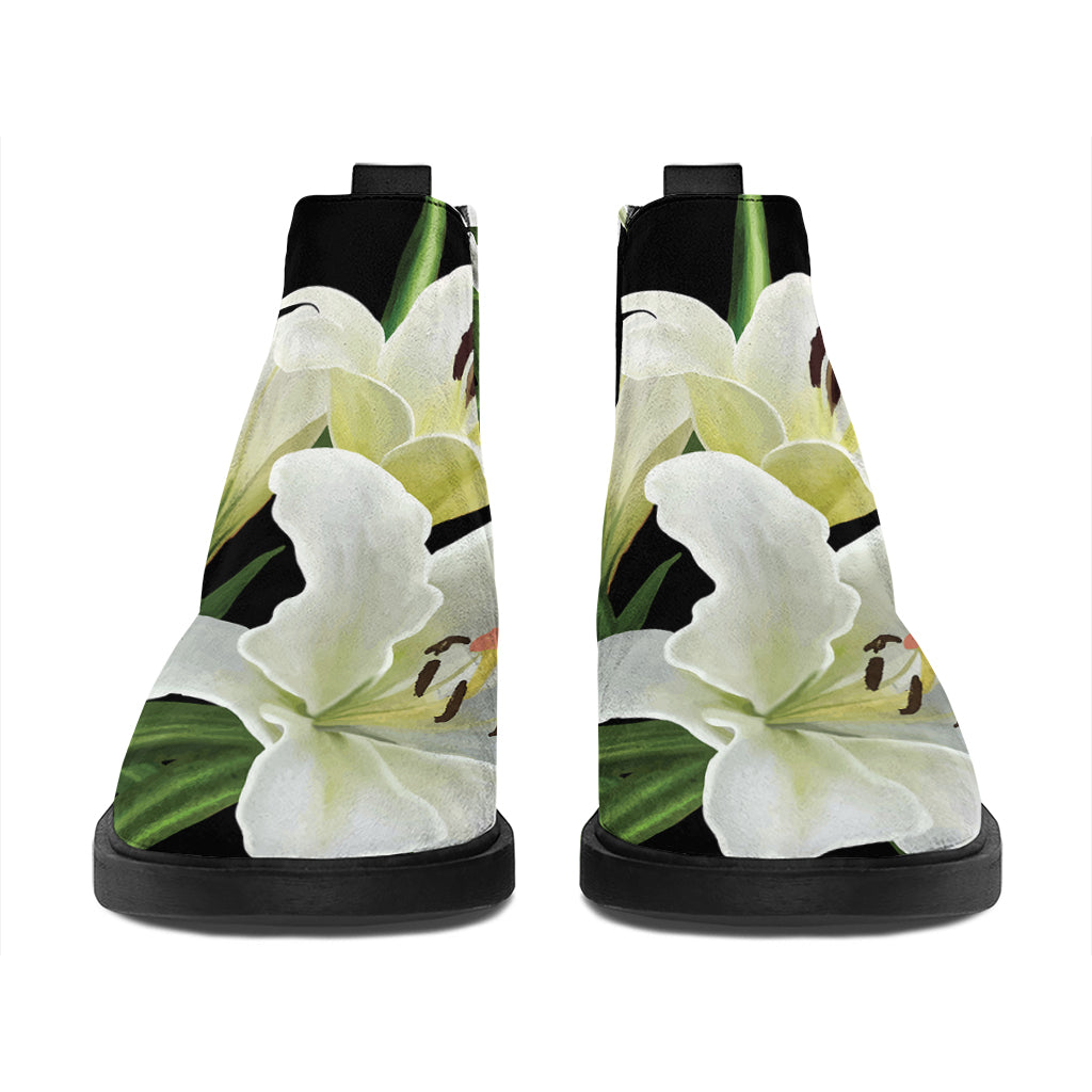 White Lily Print Flat Ankle Boots