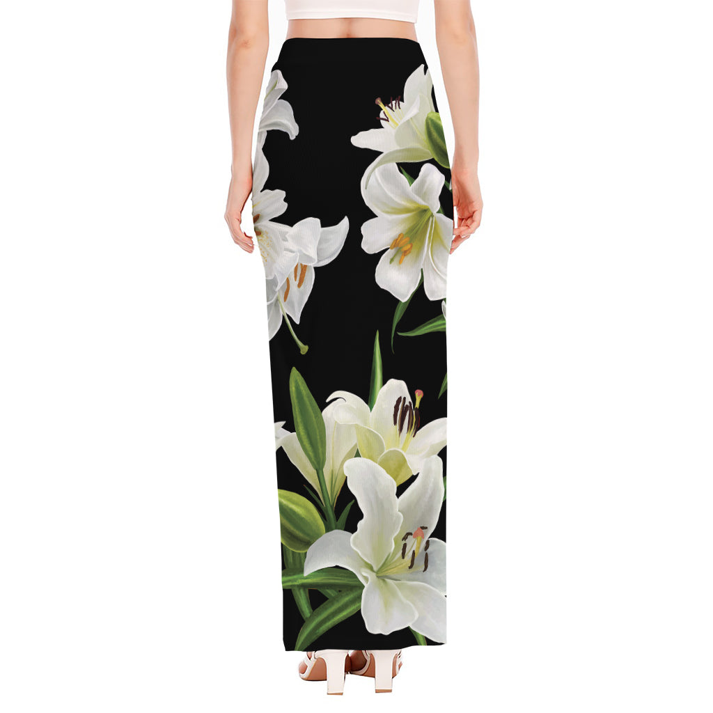 White Lily Print High Slit Maxi Skirt