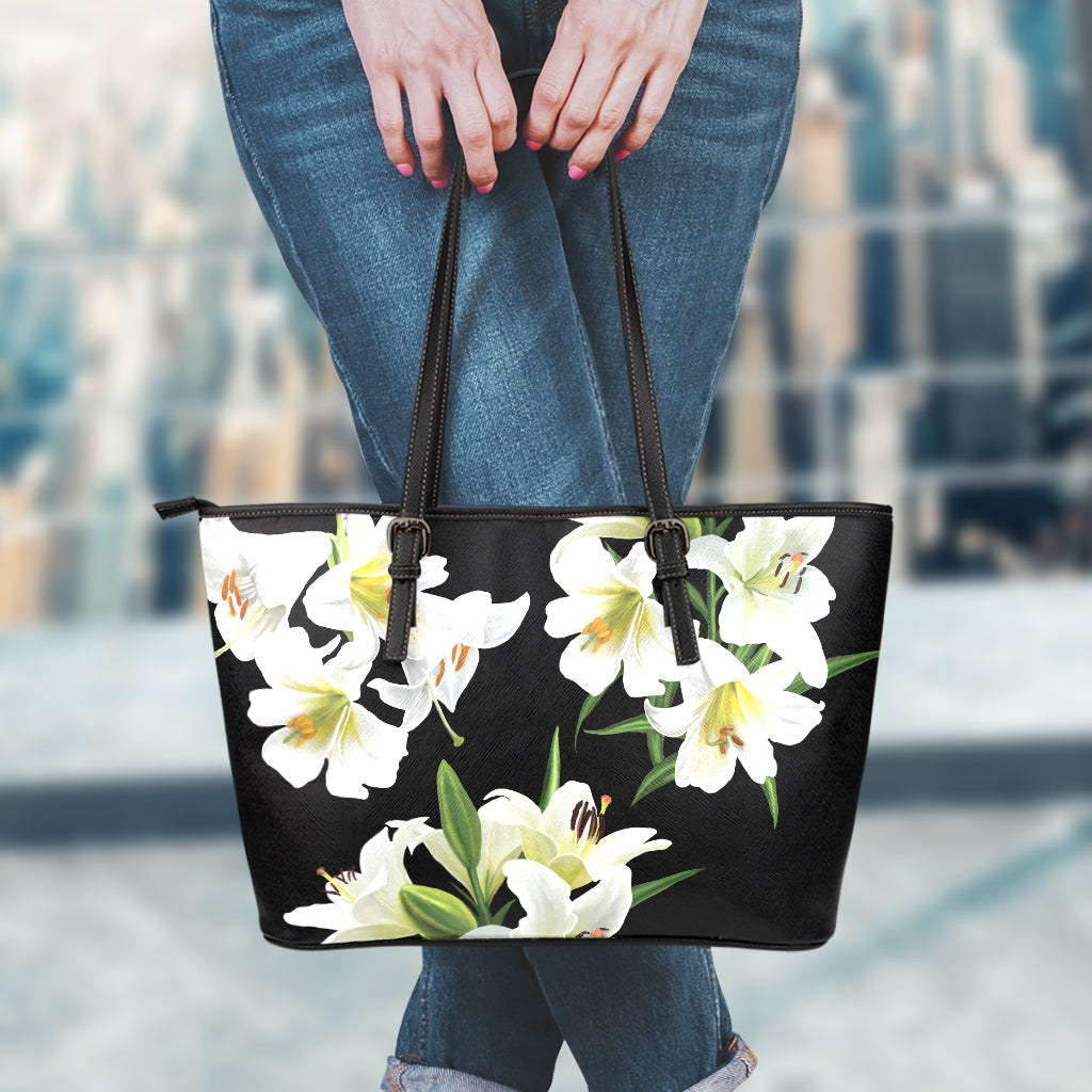 White Lily Print Leather Tote Bag