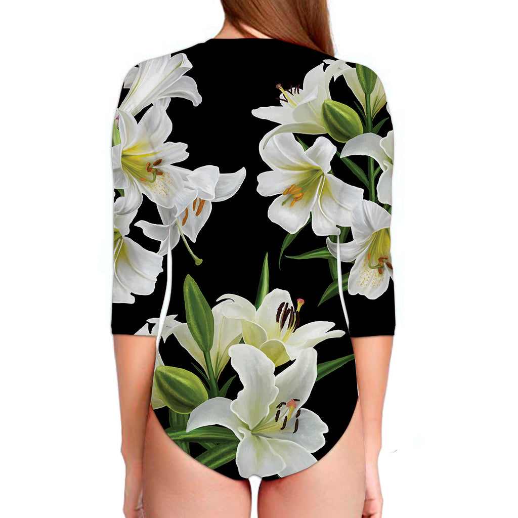 White Lily Print Long Sleeve Swimsuit