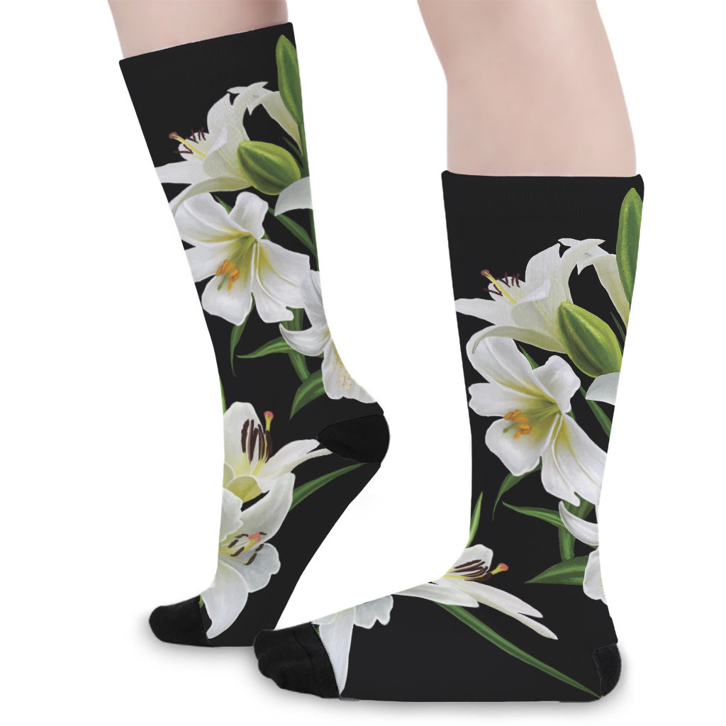 White Lily Print Long Socks