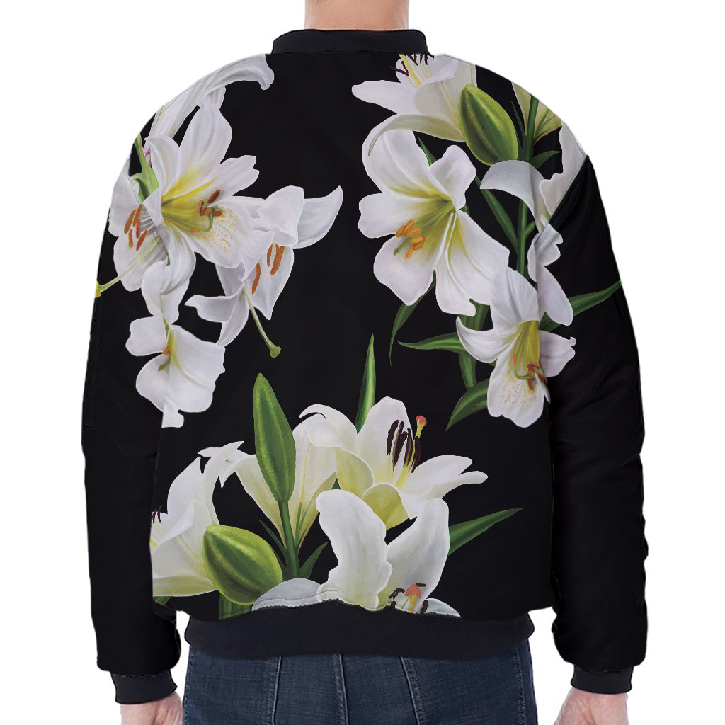 White Lily Print Zip Sleeve Bomber Jacket