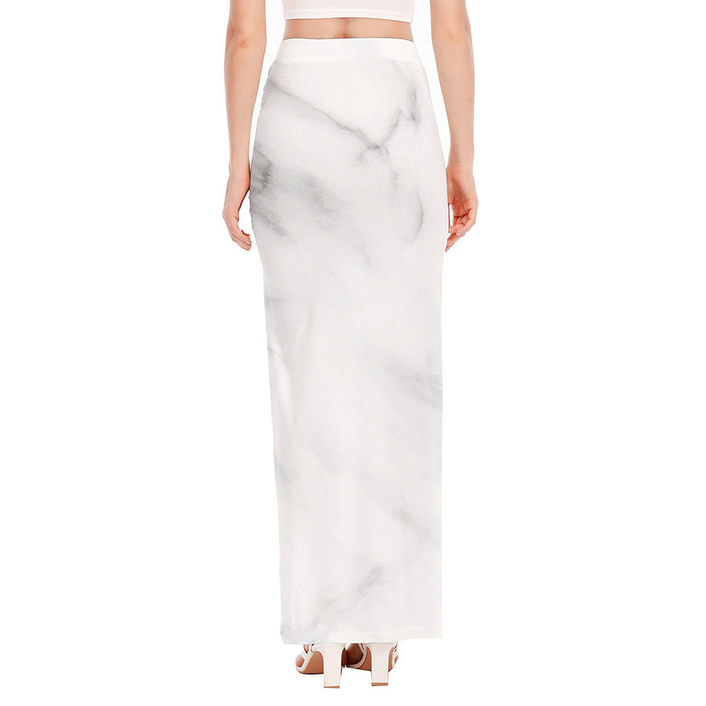 White Marble Print High Slit Maxi Skirt