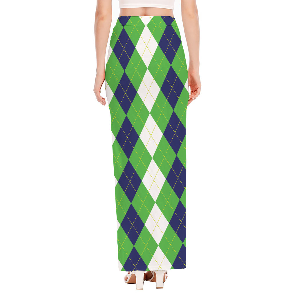 White Navy And Green Argyle Print High Slit Maxi Skirt
