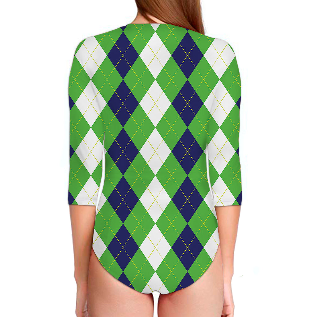 White Navy And Green Argyle Print Long Sleeve Swimsuit