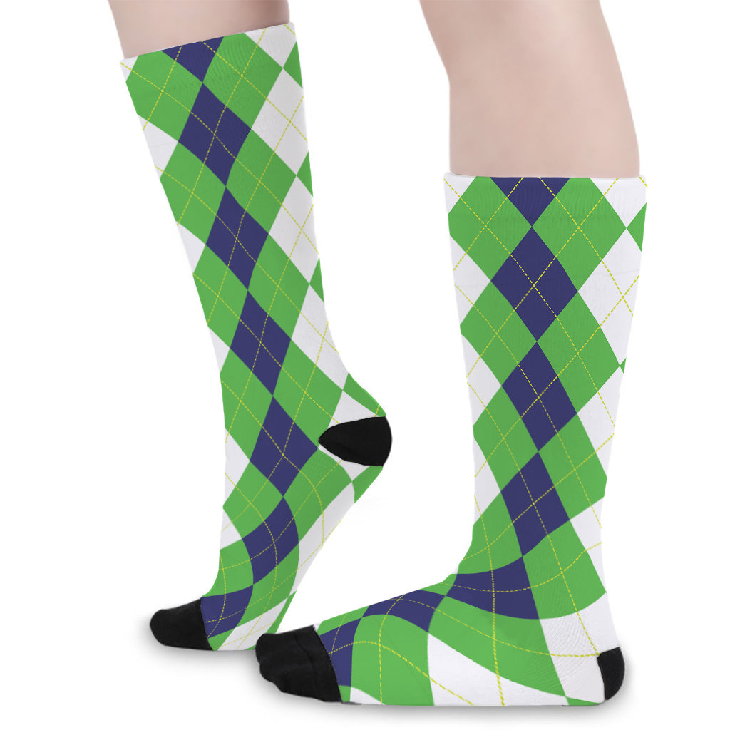 White Navy And Green Argyle Print Long Socks