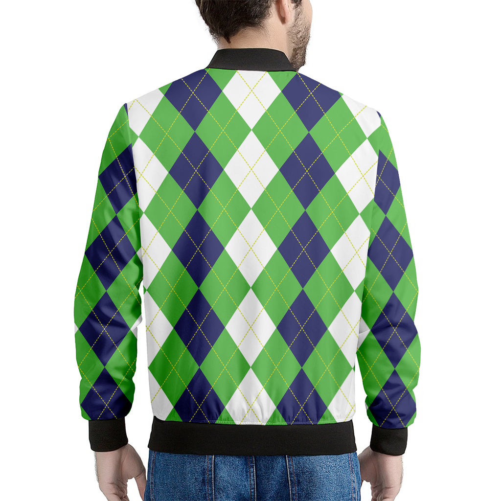 White Navy And Green Argyle Print Men's Bomber Jacket