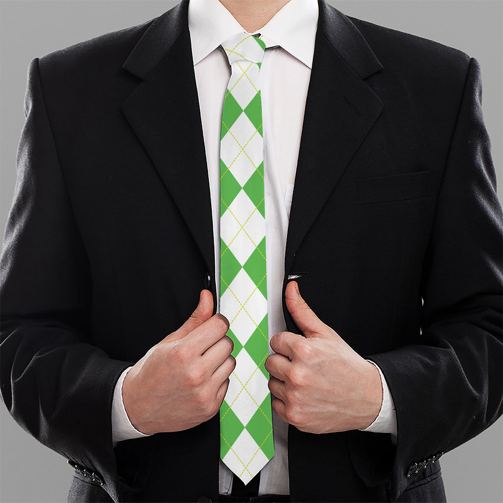 White Navy And Green Argyle Print Necktie