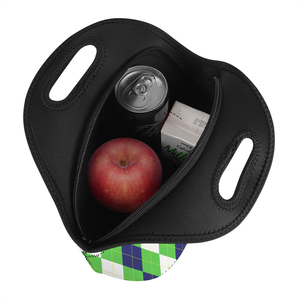White Navy And Green Argyle Print Neoprene Lunch Bag