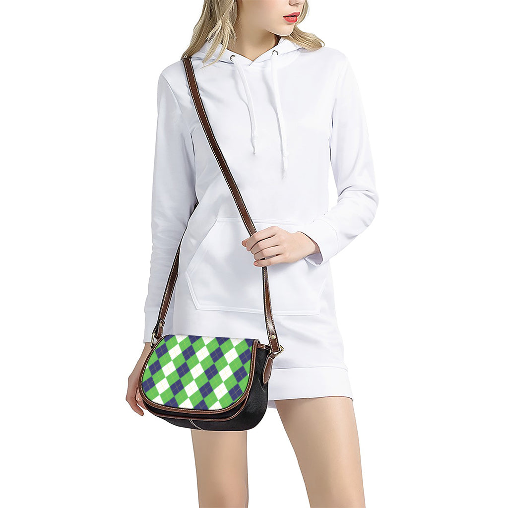 White Navy And Green Argyle Print Saddle Bag