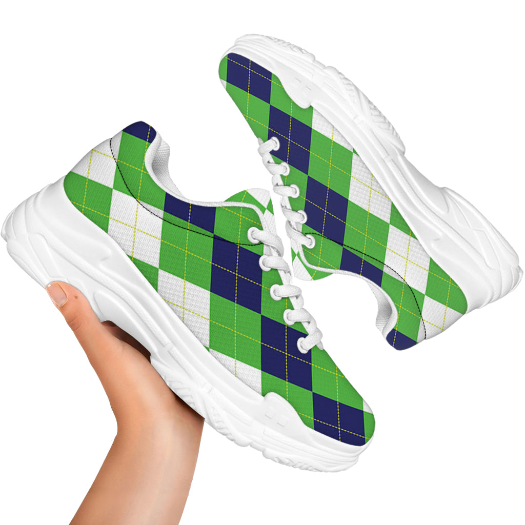 White Navy And Green Argyle Print White Chunky Shoes
