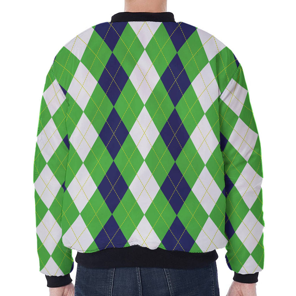 White Navy And Green Argyle Print Zip Sleeve Bomber Jacket