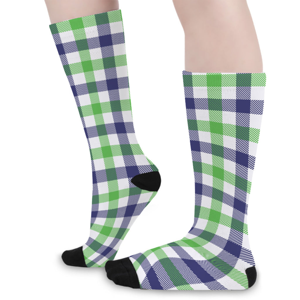 White Navy And Green Plaid Print Long Socks