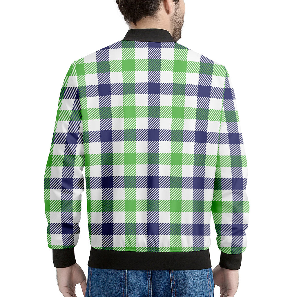 White Navy And Green Plaid Print Men's Bomber Jacket
