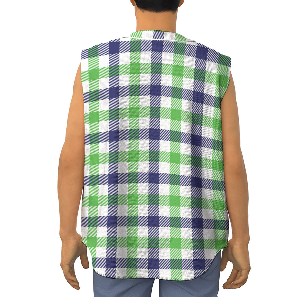 White Navy And Green Plaid Print Sleeveless Baseball Jersey