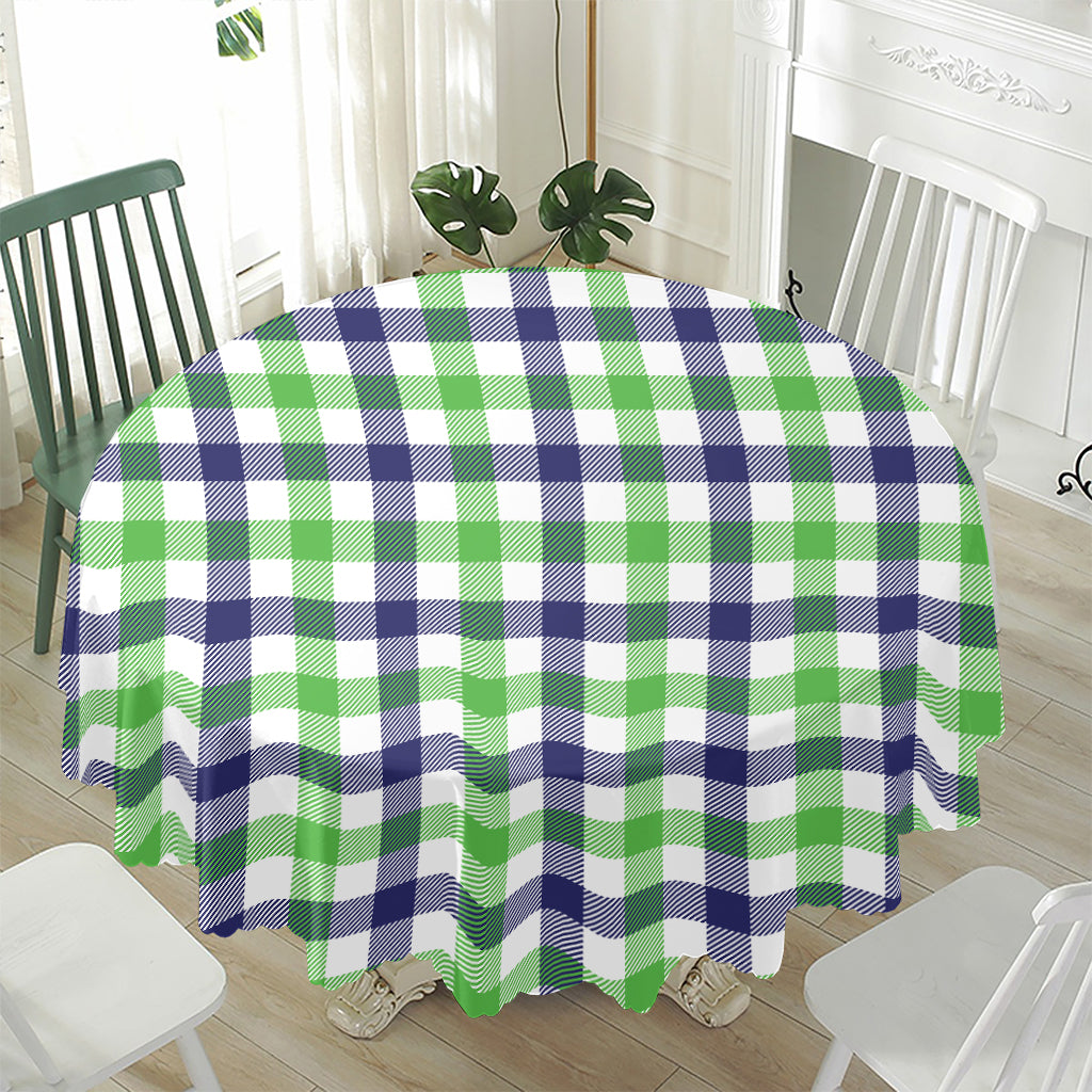 White Navy And Green Plaid Print Waterproof Round Tablecloth