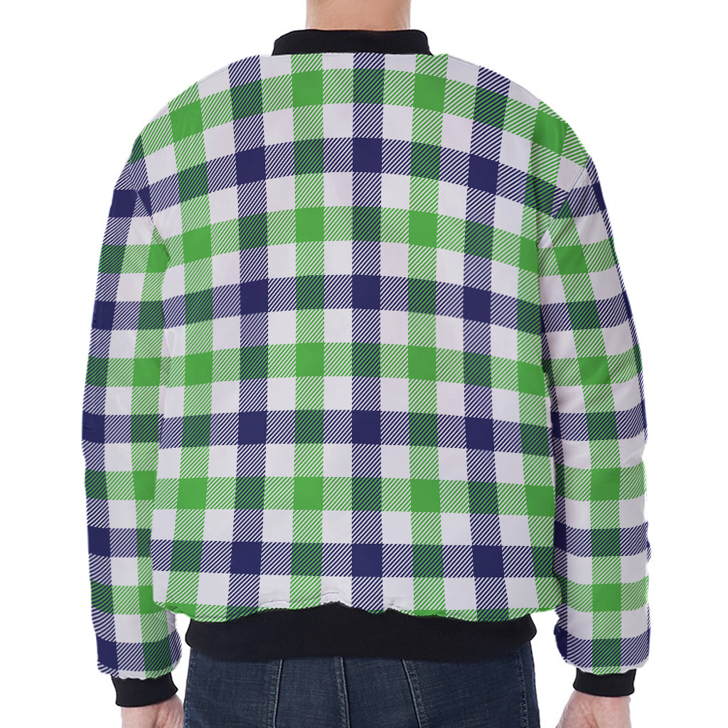 White Navy And Green Plaid Print Zip Sleeve Bomber Jacket