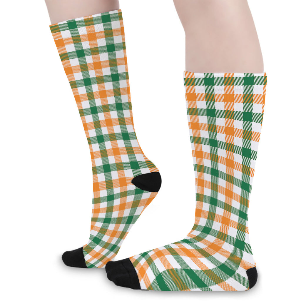 White Orange And Green Plaid Print Long Socks
