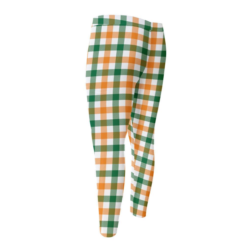 White Orange And Green Plaid Print Men's Compression Pants