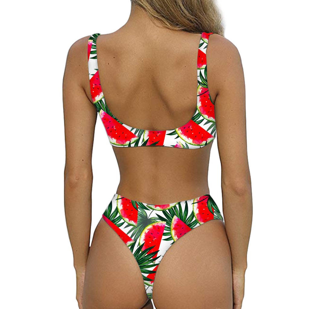 White Palm Leaf Watermelon Pattern Print Front Bow Tie Bikini