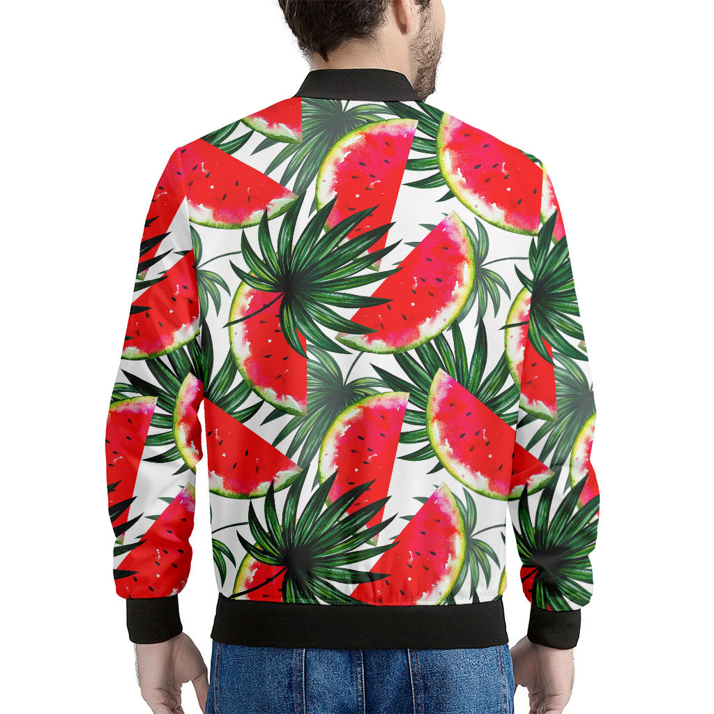 White Palm Leaf Watermelon Pattern Print Men's Bomber Jacket