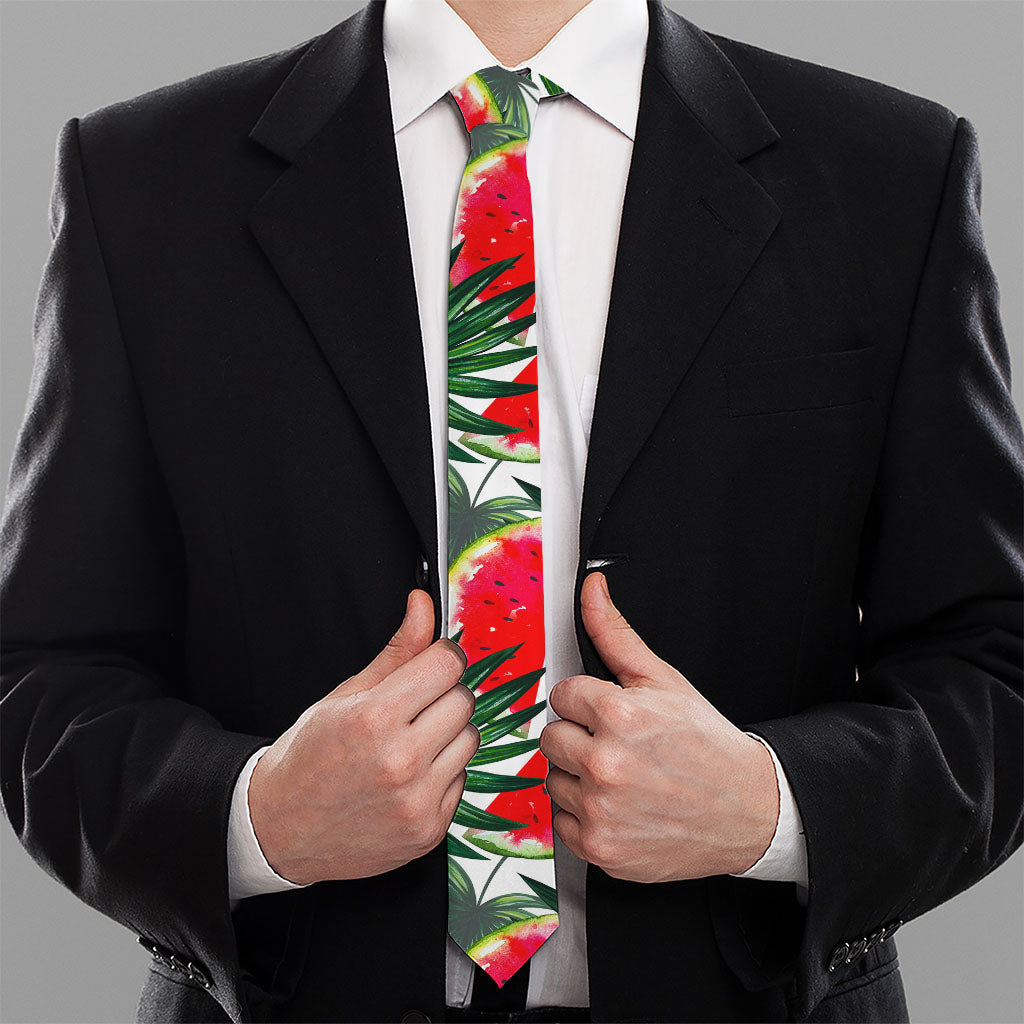 White Palm Leaf Watermelon Pattern Print Necktie