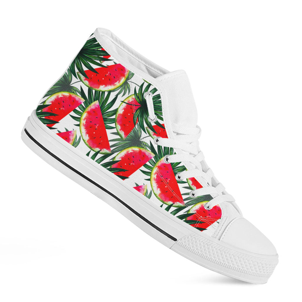 White Palm Leaf Watermelon Pattern Print White High Top Sneakers