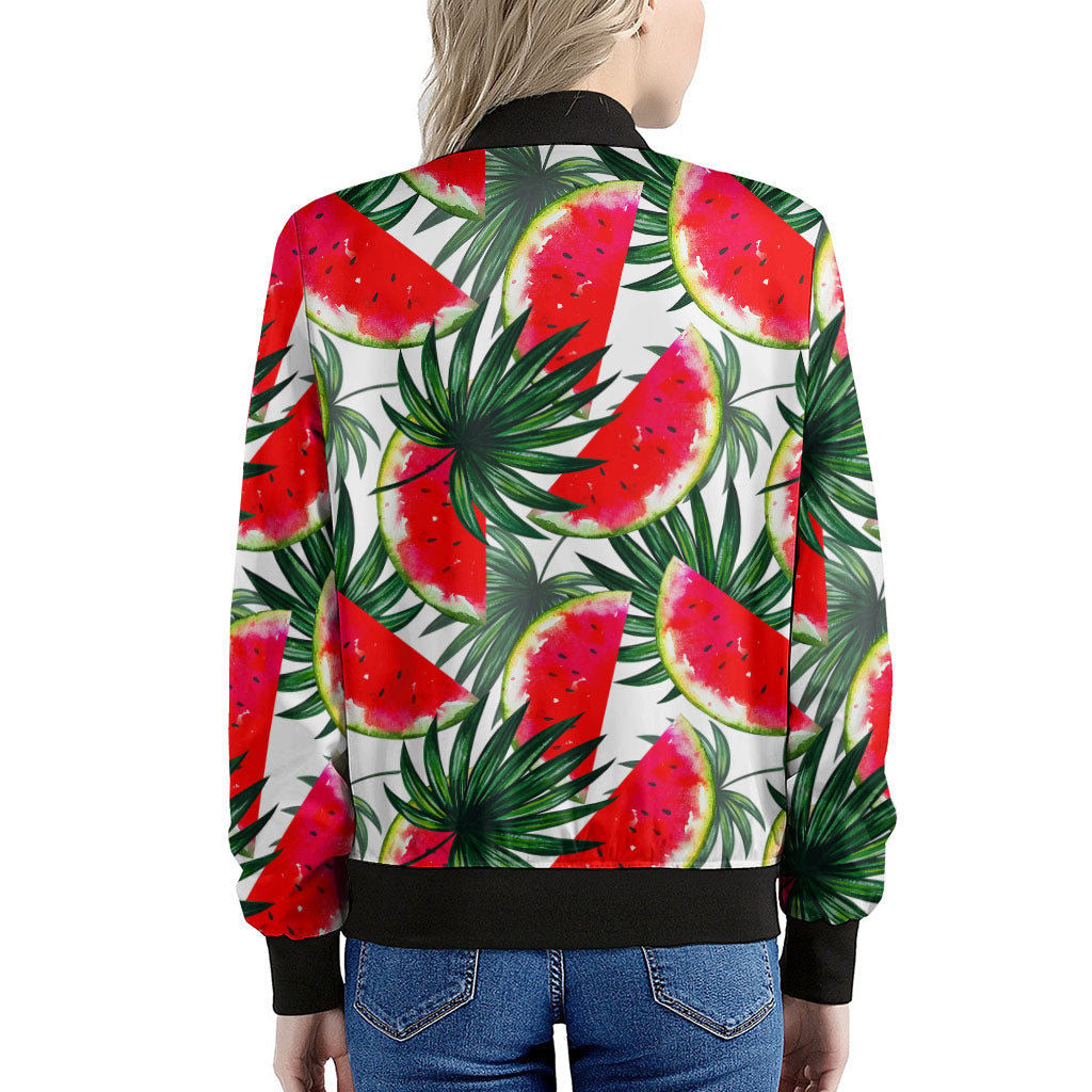 White Palm Leaf Watermelon Pattern Print Women's Bomber Jacket