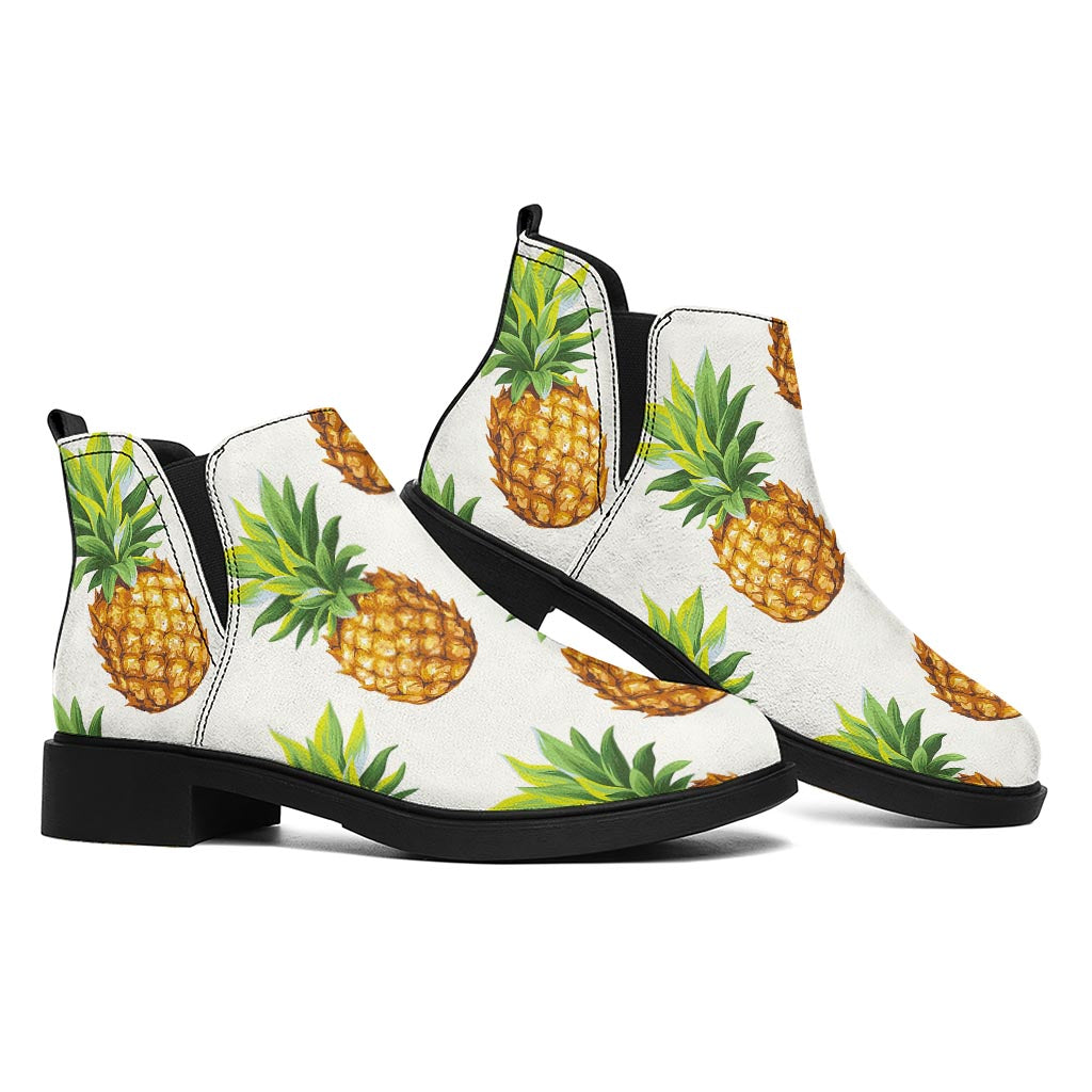 White Pineapple Pattern Print Flat Ankle Boots