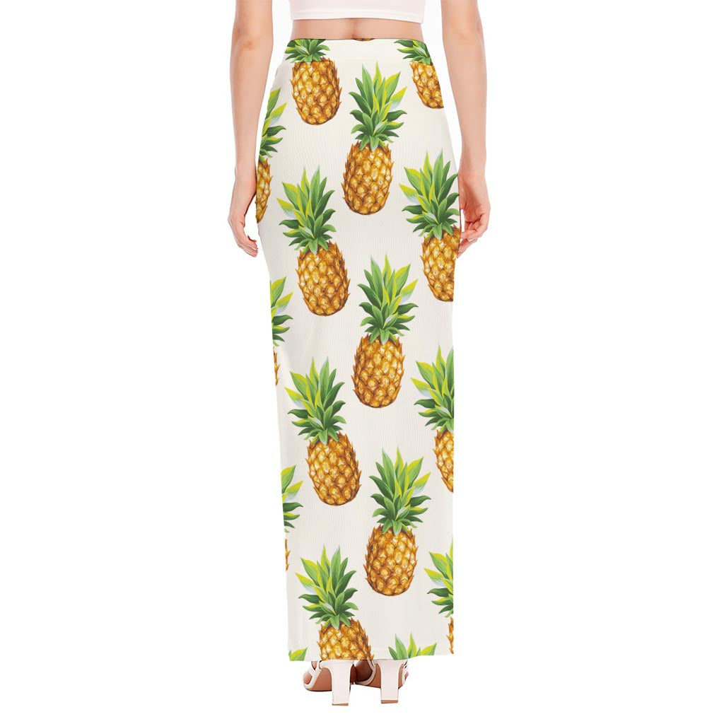 White Pineapple Pattern Print High Slit Maxi Skirt