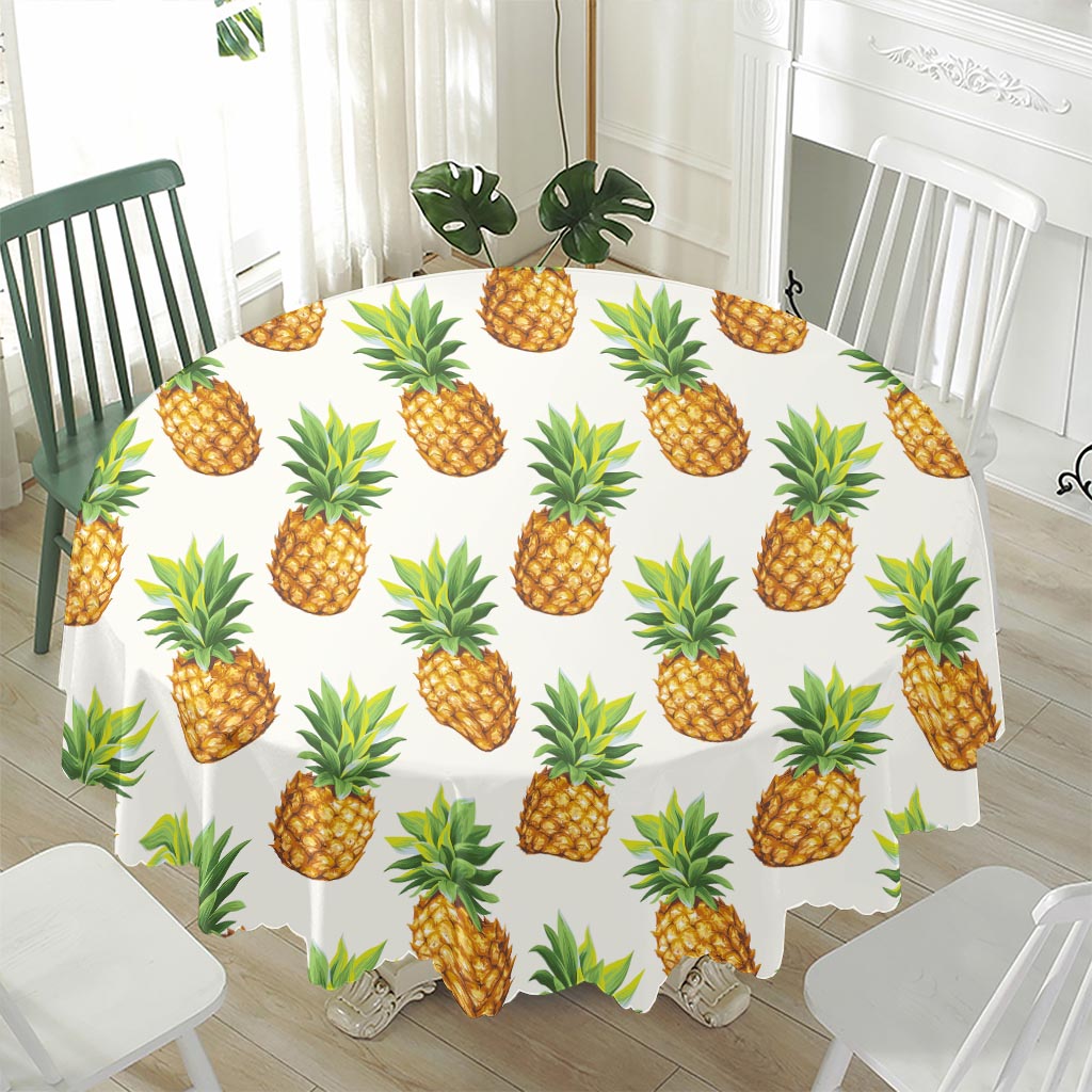 White Pineapple Pattern Print Waterproof Round Tablecloth