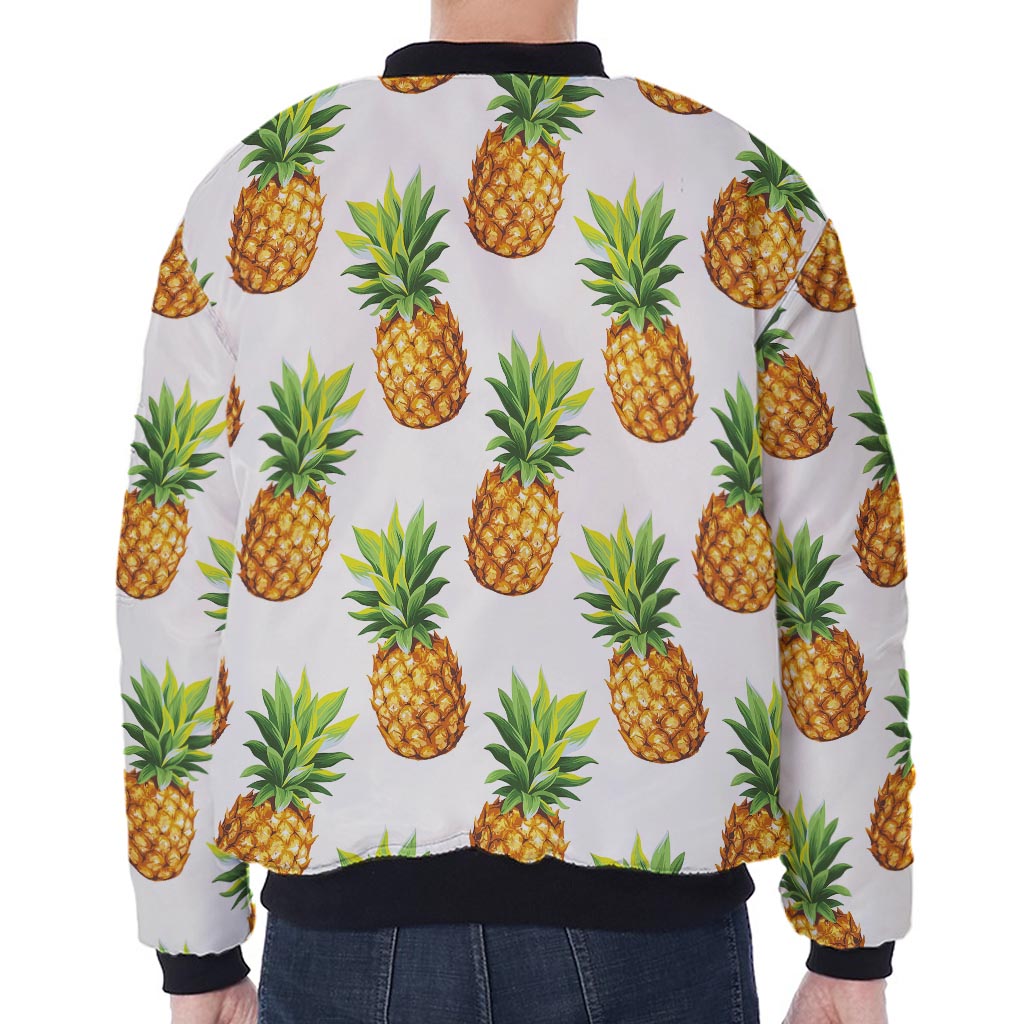 White Pineapple Pattern Print Zip Sleeve Bomber Jacket