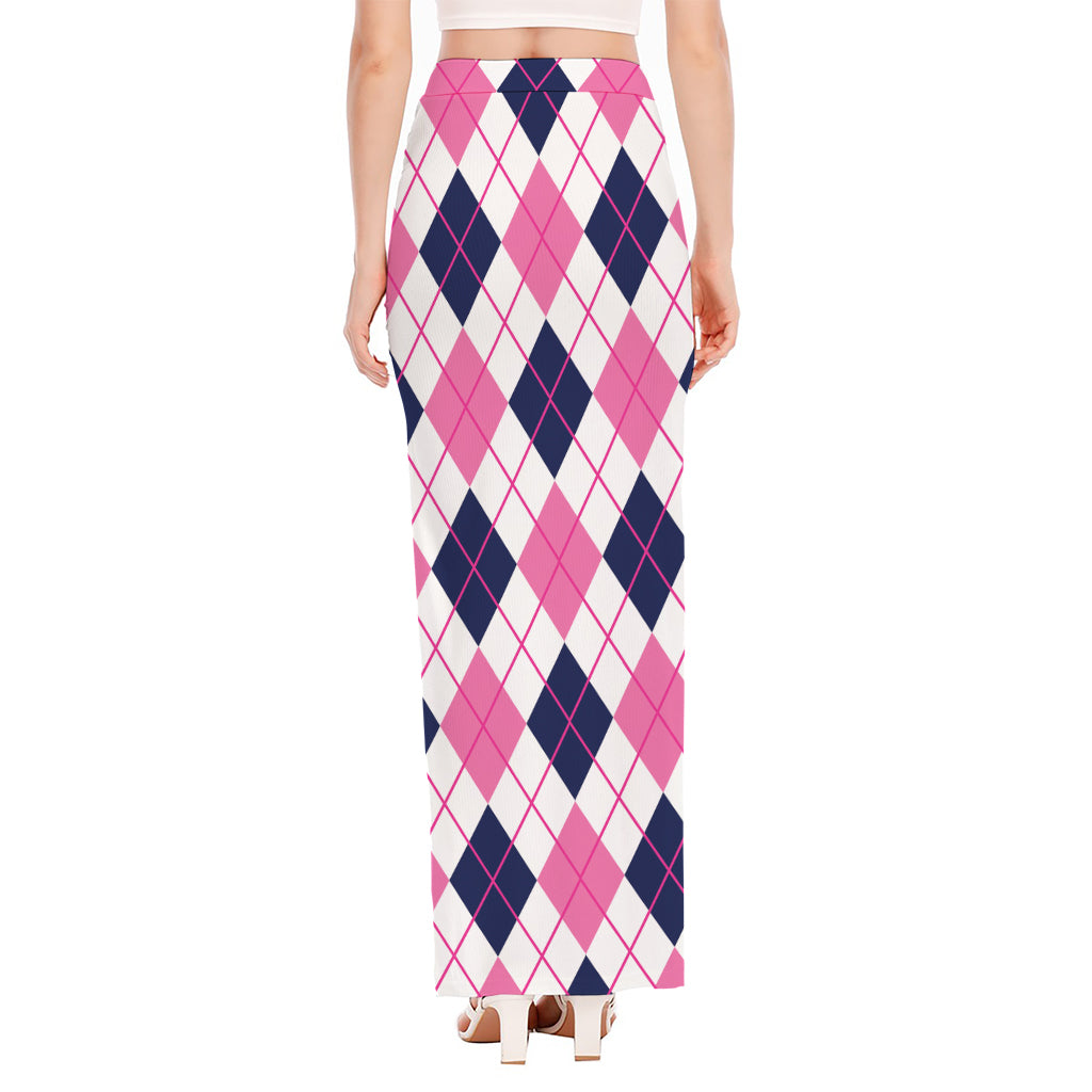 White Pink And Blue Argyle Pattern Print High Slit Maxi Skirt