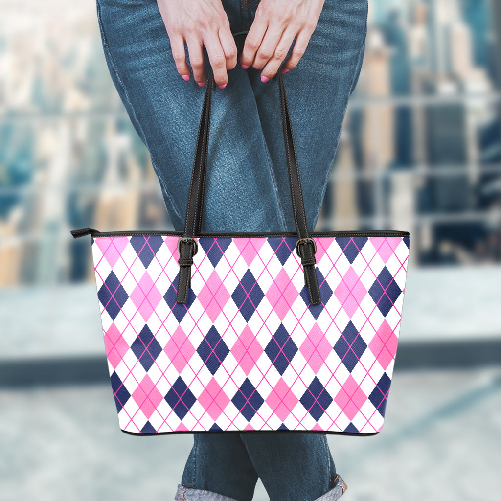 White Pink And Blue Argyle Pattern Print Leather Tote Bag