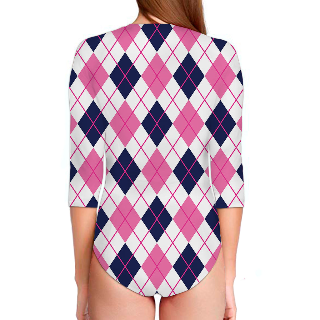 White Pink And Blue Argyle Pattern Print Long Sleeve Swimsuit