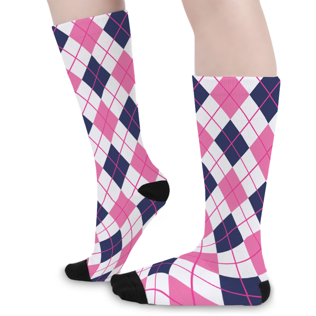 White Pink And Blue Argyle Pattern Print Long Socks