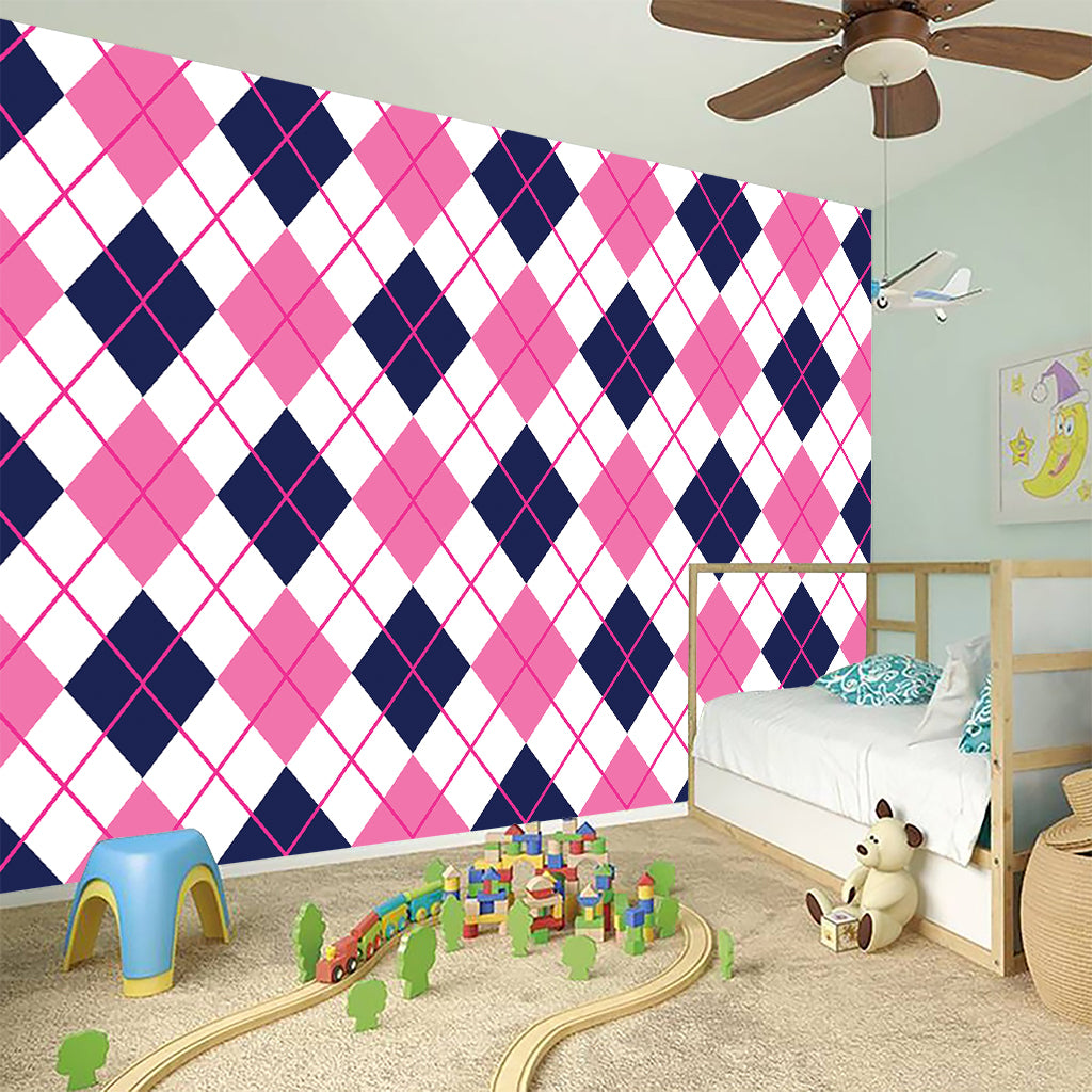 White Pink And Blue Argyle Pattern Print Wall Sticker