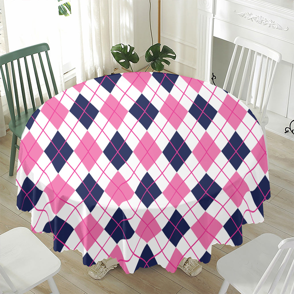 White Pink And Blue Argyle Pattern Print Waterproof Round Tablecloth