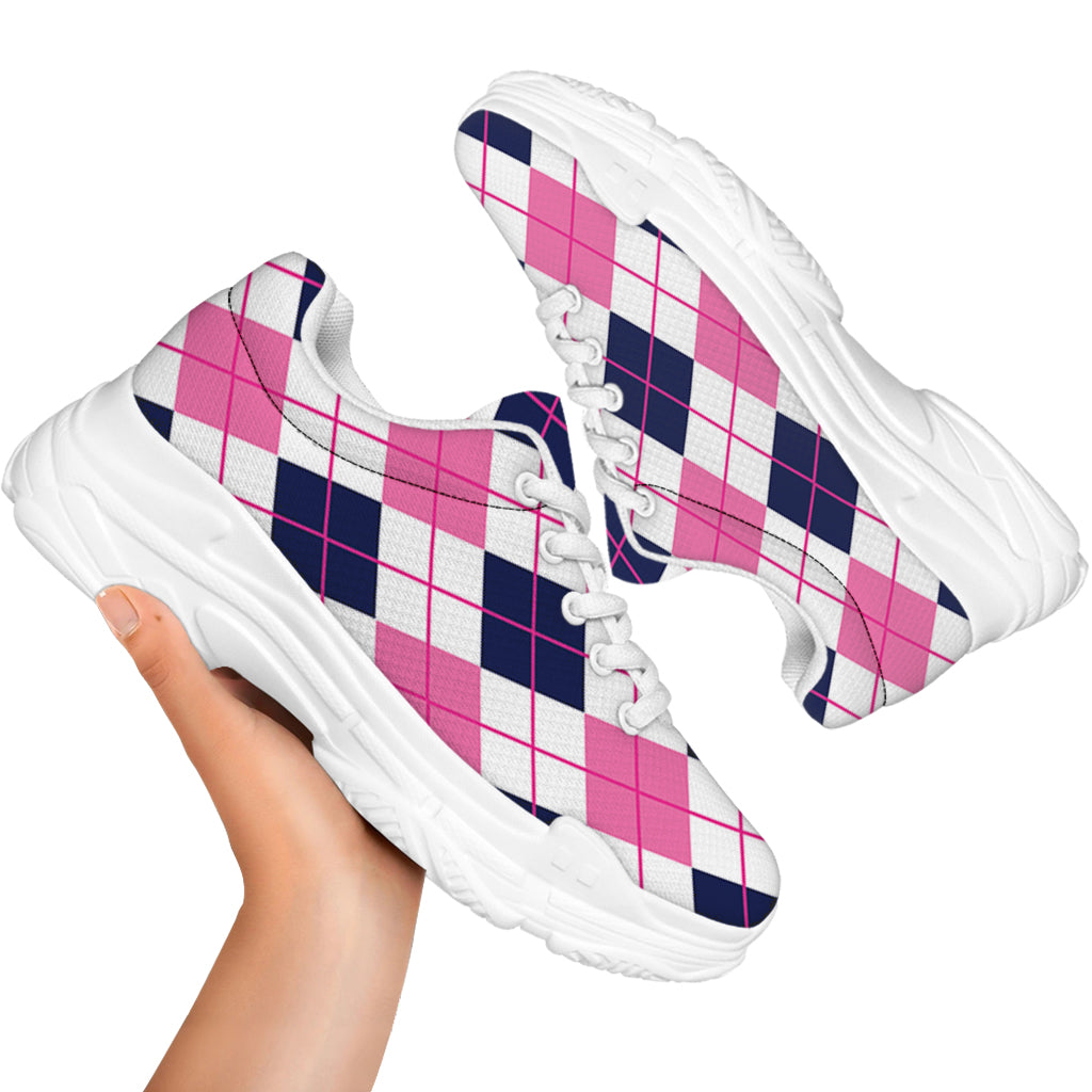 White Pink And Blue Argyle Pattern Print White Chunky Shoes