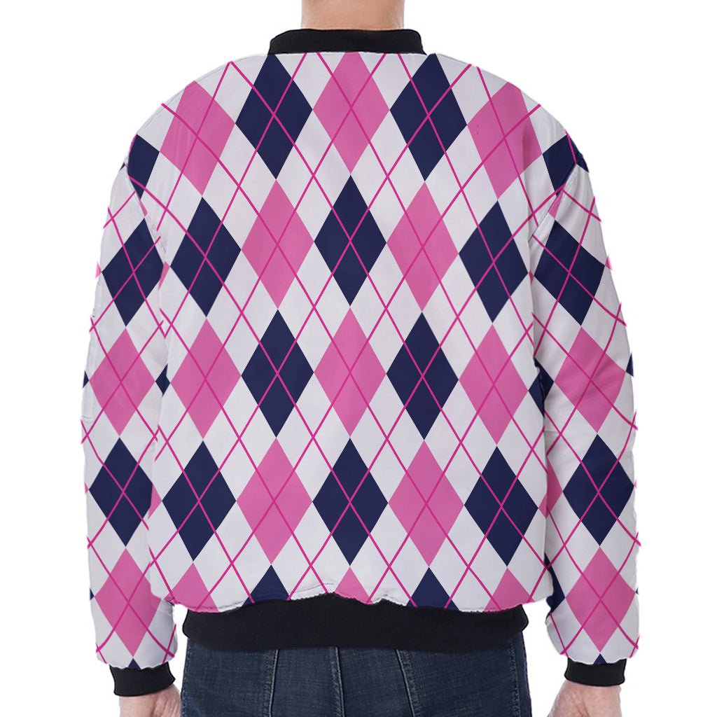White Pink And Blue Argyle Pattern Print Zip Sleeve Bomber Jacket