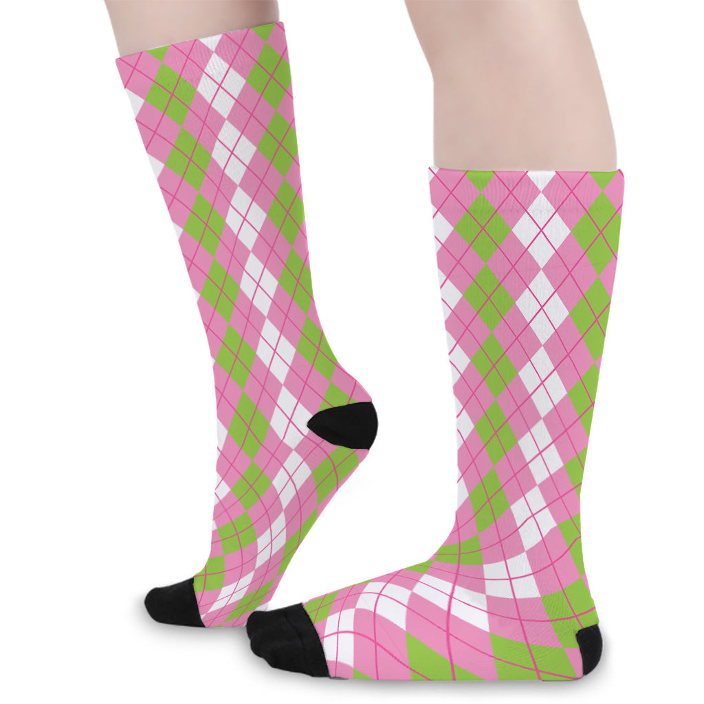 White Pink And Green Argyle Print Long Socks