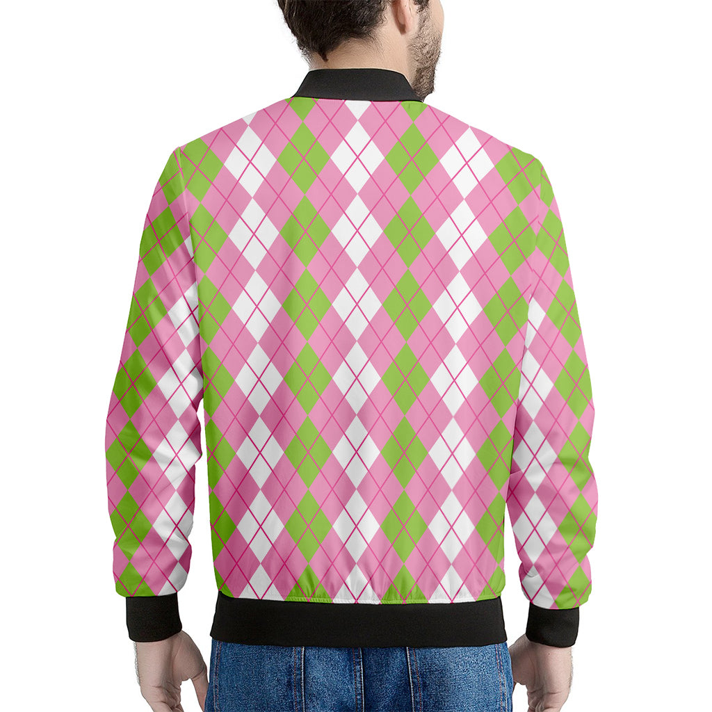 White Pink And Green Argyle Print Men's Bomber Jacket