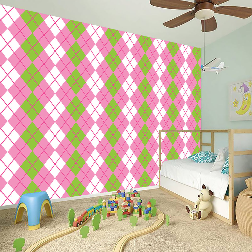 White Pink And Green Argyle Print Wall Sticker